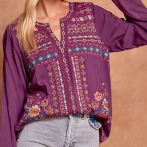 Embroidered Boho Peasant Blouse - Purple 2XL